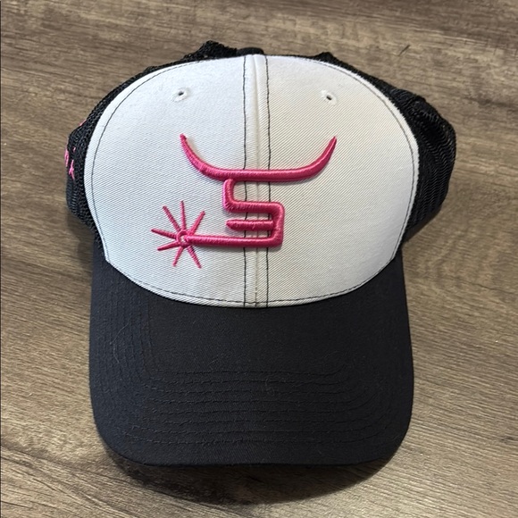 Spin Em Black and White Trucker Hat with Pink Logo - Picture 1 of 7